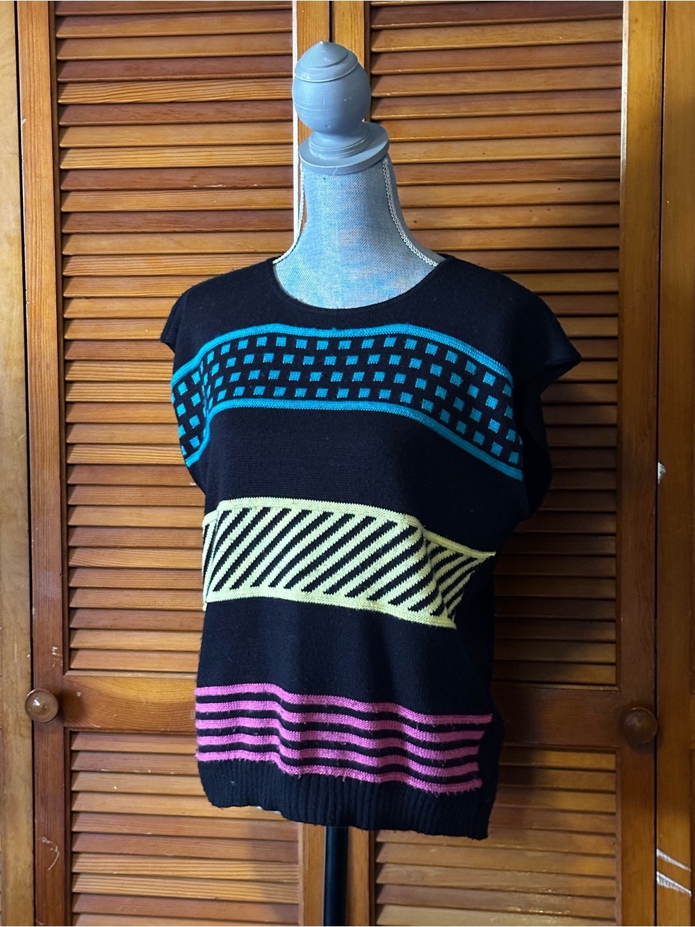 Vintage 80s Black Knit Graphic Vest Top Teal Pink Yellow Patterned Stripes